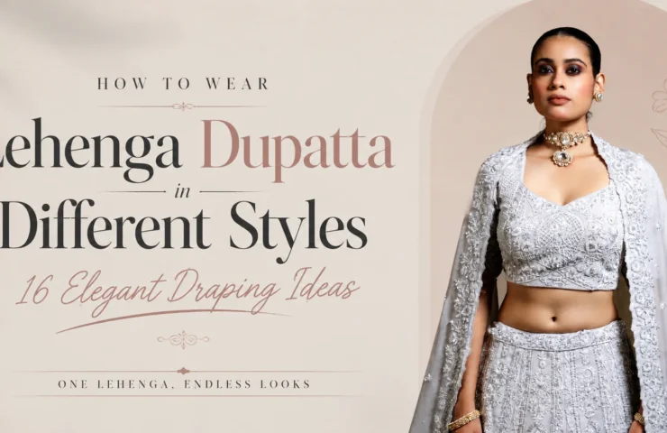 Woman wearing an elegant lehenga with a beautifully draped dupatta, showcasing a graceful draping style