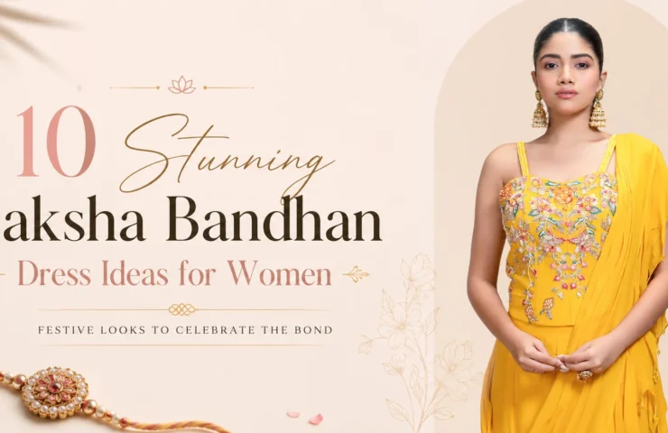 Woman wearing a bright yellow festive outfit with a beautifully draped dupatta, perfect for Raksha Bandhan celebrations