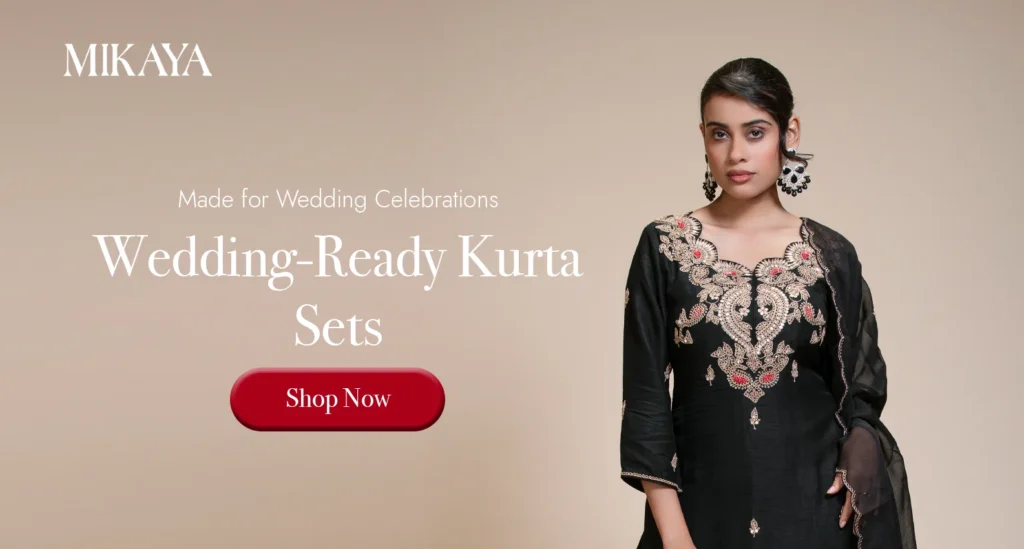 Wedding-ready embroidered kurta set for women designed for festive celebrations and wedding functions by Mikaya.