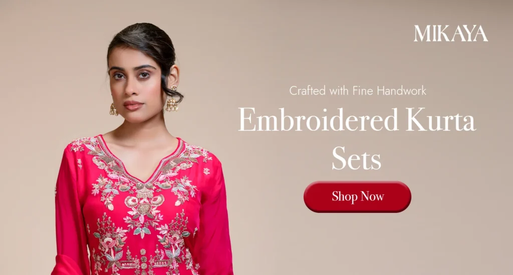 Embroidered kurta set for women with detailed floral handwork and festive ethnic design by Mikaya.