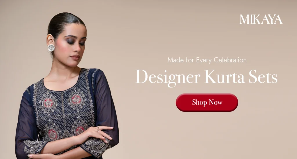 Navy blue designer kurta set with embroidered detailing for women