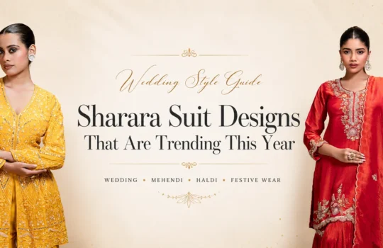 Premium wedding fashion banner featuring a mustard sharara suit design and a red gharara suit with elegant embroidery, showcasing the latest wedding trends.