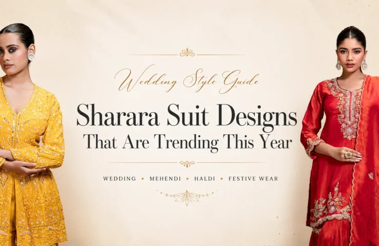 Premium wedding fashion banner featuring a mustard sharara suit design and a red gharara suit with elegant embroidery, showcasing the latest wedding trends.