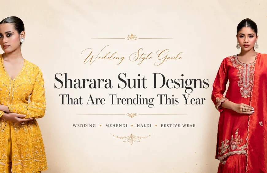 Premium wedding fashion banner featuring a mustard sharara suit design and a red gharara suit with elegant embroidery, showcasing the latest wedding trends.