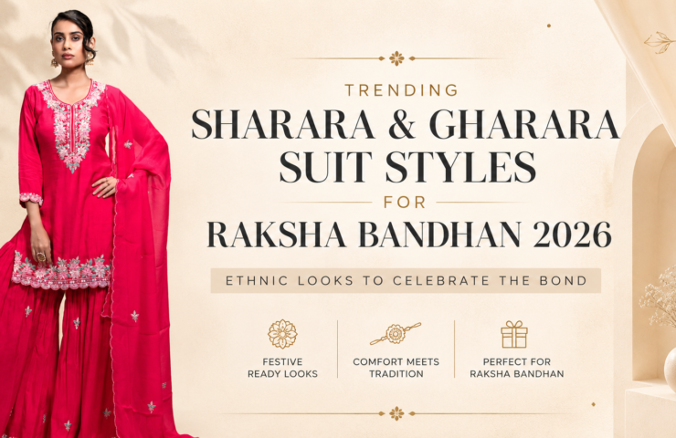 Sharara & Gharara Suits for Raksha Bandhan 2026 featuring a red embroidered sharara suit for women