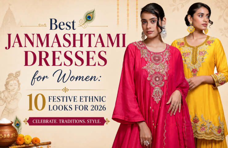 Best Janmashtami dresses for women featuring festive ethnic outfits in pink and yellow
