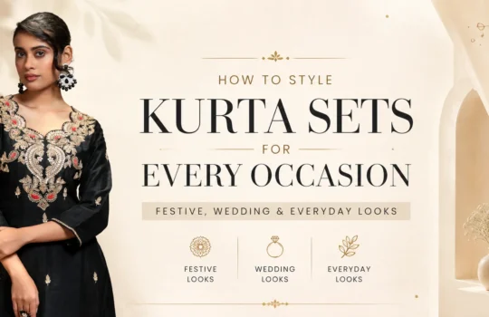 Editorial banner featuring a woman in a black embroidered kurta set, showcasing one of the latest trending kurta sets for festive, wedding, and everyday occasions.