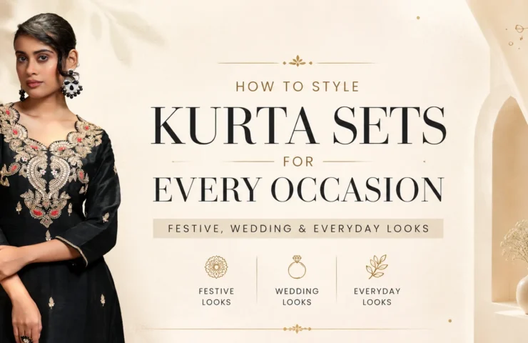 Editorial banner featuring a woman in a black embroidered kurta set, showcasing one of the latest trending kurta sets for festive, wedding, and everyday occasions.