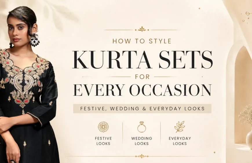 Editorial banner featuring a woman in a black embroidered kurta set, showcasing one of the latest trending kurta sets for festive, wedding, and everyday occasions.