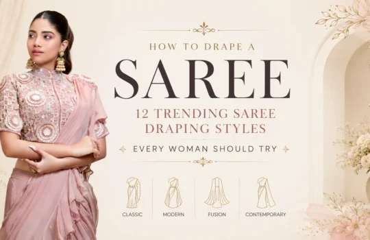 Woman wearing a drape saree showcasing a modern saree draping style for festive occasions.