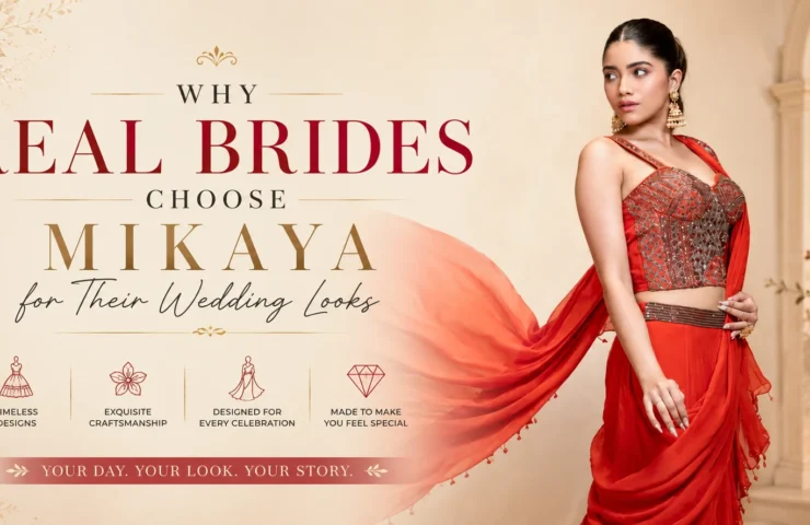 Bride wearing a premium red embroidered drape saree featured in Mikaya's wedding fashion guide about why real brides choose Mikaya for their wedding looks.