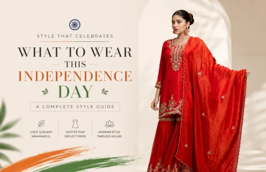 Woman wearing a red embroidered kurta and sharara set with a matching dupatta, featured in an Independence Day style guide for women's ethnic wear.