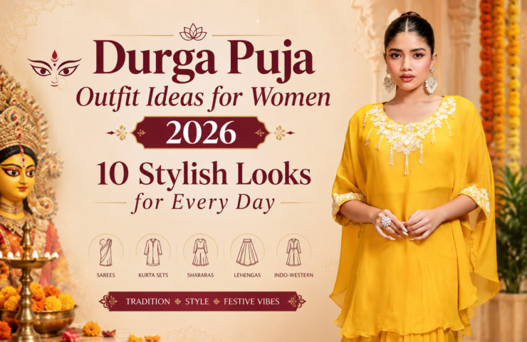 Durga Puja outfit ideas for women in a yellow festive ethnic outfit