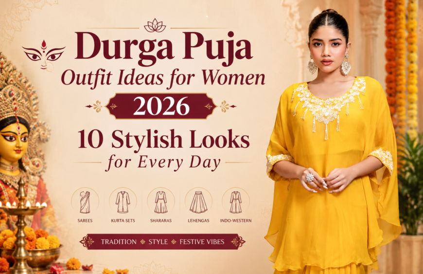 Durga Puja outfit ideas for women in a yellow festive ethnic outfit
