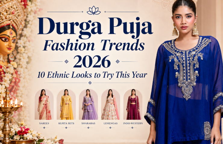 Royal blue embroidered ethnic wear for women with gold detailing